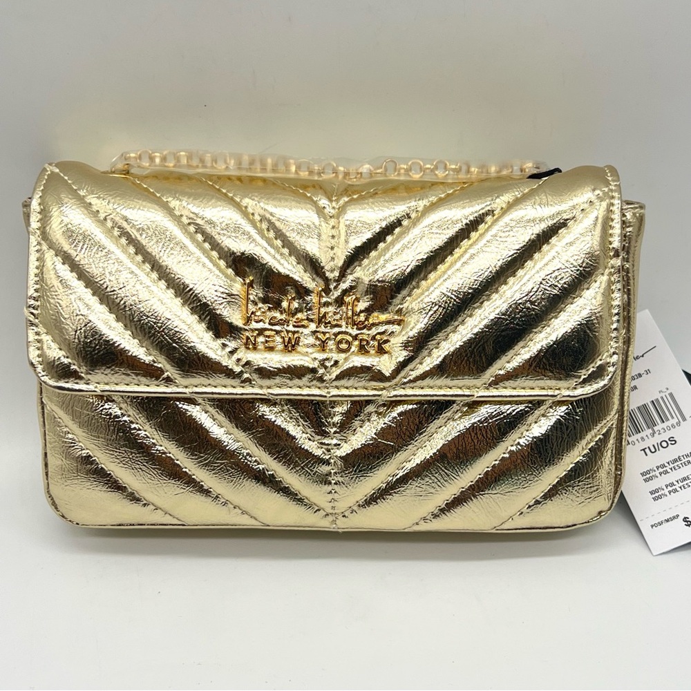 NEW Nicole Miller Crossbody Bag Purse Metallic Gold Quilted‎ Chevron Chain Strap